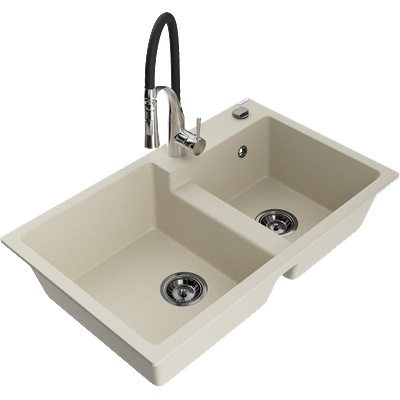 Mexen Tomas гранитна кухненска мивка с 2 камери с кухненски смесител Aster, бежов - 6516-69-73450-07-B (6516-69-73450-07-B)