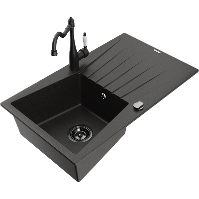 Mexen Cesar гранитна мивка с 1 отделение с отцедник и кухненски смесител Carla, черен/златен металик - 6514-75-670700-70-B (6514-75-670700-70-B)