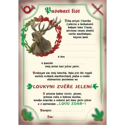 e‑myslivost.cz Pasovací list na lovce zvěře jelení - pro ženu - Motiv s personalizací