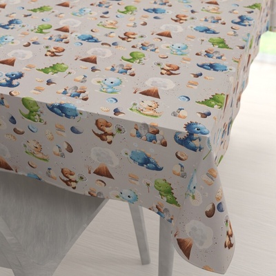 Biante Detský bavlna obdĺžnikový obrus Sandra SA-656 Modro-zeleno-hnedé dinosaury na svetlo sivom 50x100 cm