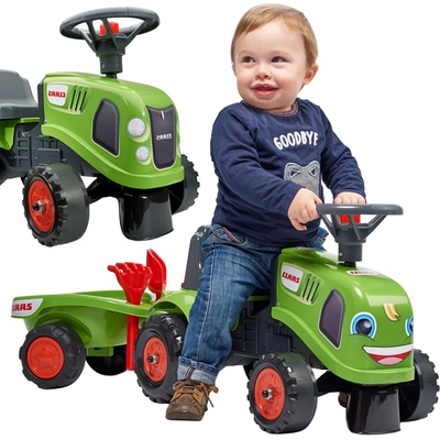 Falk Traktor Baby Claas s volantem klaksonem přívěsem hráběmi a lopatou