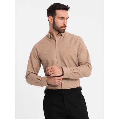 Ombre Clothing Мъжка ленена риза с класическа яка и джобове REGULAR FIT - светло кафяво Ombre Clothing | Kafyav | МЪЖЕ | S