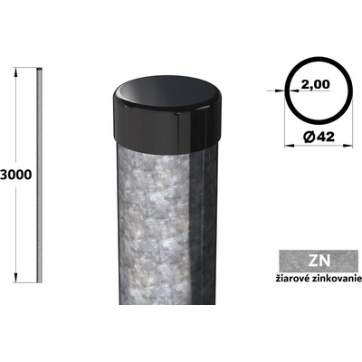 Plotový stĺpik 300 cm, priemer 42 mm, hr. steny 2,00 mm, žiarové pozinkovanie