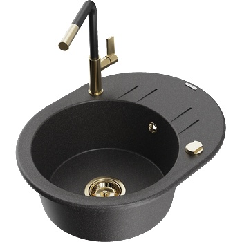 Mexen Kevin гранитна кухненска мивка с 1 отделение с отцедник и кухненски смесител Flora, черен с пръски - 6517-76-670401-57-G (6517-76-670401-57-G)