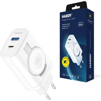 Hardy 2in1 GaN Fast Wall Charger 33W - захранване за ел. мрежа с USB-A и USB-C изходи и зареждане на Apple Watch (бял)