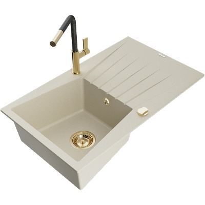 Mexen Cesar гранитна мивка с една камера и отцедник и кухненски смесител Flora, бежов - 6514-69-670401-57-G (6514-69-670401-57-G)