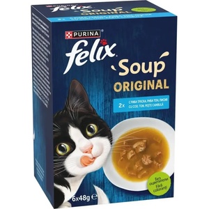 Purina Felix Soup Original Рибна Селекция - допълваща храна за котки с риба тон, треска и писия 6 х 48gr