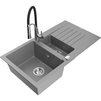 Mexen Matias гранитна мивка с 1, 5 камери с отцедник и кухненски смесител Aster, сив - 6502-71-73450-07 (6502-71-73450-07)