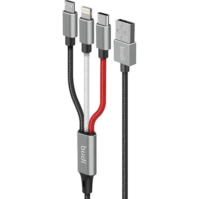 Budi 3в1 кабел Budi, USB към Lightning / USB-C / MicroUSB, 2.4A, 1m, плетен, черен (DC203A8)