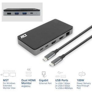 ACT Докинг станция ACT, USB-C, 2x HDMI, Ethernet, 3x USB-A - AC7093 (AC7093)