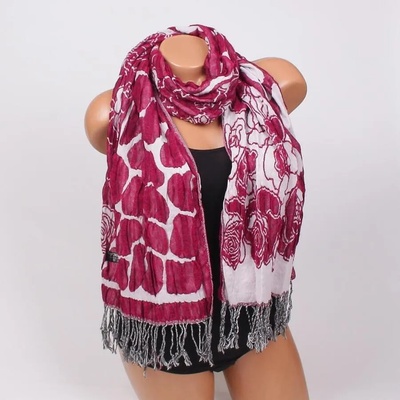 Двулицев шал в цвят бордо и бяло с рози