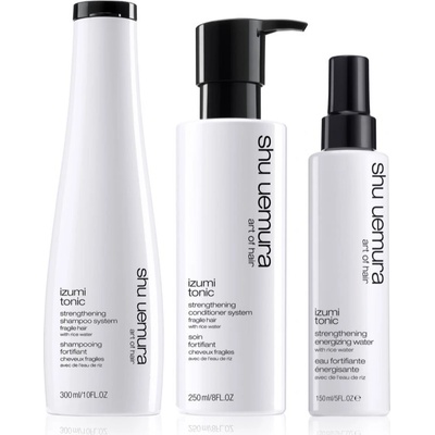 Shu Uemura Izumi zhusťujúci šampón pre posilnenie vlasov 300 ml + kondicionér pre posilnenie štruktúry vlasov 250 ml + posilňujúci sprej na vlasy 150 ml kozmetická sada