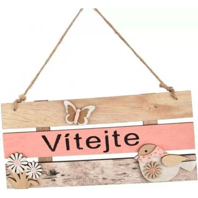 Cedule dřevo Vítejte hnědá/růžová 24x11 cm