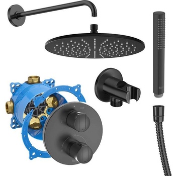 Roca Комплект за вграждане за баня, RocaBox + термостатен смесител T-1000, душ глава със стенно рамо, ръчен душ с шлаух, стенно коляно с държач, черен мат (173409)