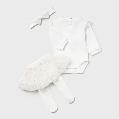 Mayoral Комплект чорапогащник с тюлена пола, боди и лента за глава за бебе момиче в мръсно бял цвят Майорал