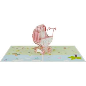 Kiriori Поздравителна картичка Kiriori Pop-up - Бебе в количка, розова (13504)