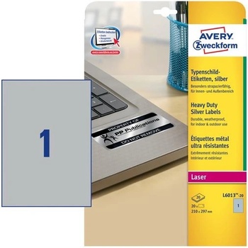 Avery Zweckform Etikety 20 ks A4 stříbrné 210 x 297 mm velmi odolné pro laserové tiskárny L6013-20