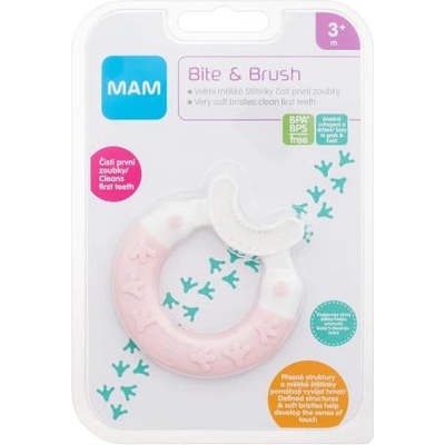 MAM Bite & Brush Teether 3m+ Pink гризалка за зъби с косъмчета за почистване на първите зъби