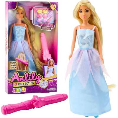 LEAN Toys 24494 Bábika Anlily v modrých šatách s kulmou a sponkami do vlasov