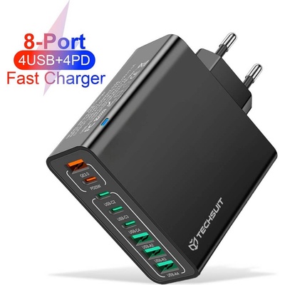 Захранване за ел. мрежа с 4xUSB-A и 4xUSB-C изхода и технология за бързо зареждане - Techsuit CHPD224 Quick Wall Charger PD 65W (черен) (CHPD224 (KF2345025))