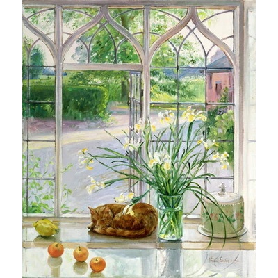 Plakát, Obraz - Irises and Sleeping Cat, 1990, Easton, Timothy, 33.6 × 40 cm