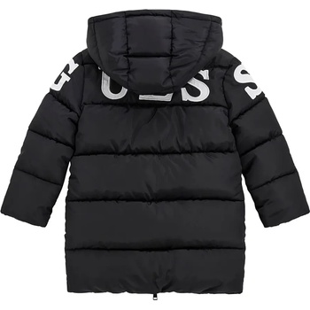 GUESS Дълго зимно яке за мини момиче в черен цвят с голям бял надпис Guess на гърба