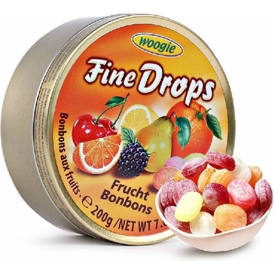 Woogie Fine Drops bonbóny s ovocnou příchutí v kovové krabičce 200 g