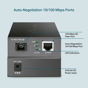 TP-Link Медиен конвертор WDM TP-Link TL-FC111A-20, RJ-45: 1 x 10/100 Mbps, 1 x 100 Mbps SC Fiber, RX: 1310 nm, TX: 1550 nm, До 20 км, Черен, TL-FC111A-20_VZ