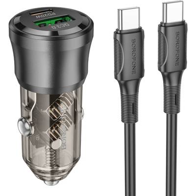 BOROFONE Зарядно за автомобил - Borofone (BZ25 Journey) - включен Type-C кабел, Dual Port USB-C + USB, 38W, 12-24V - Черен/Прозрачен