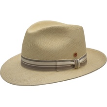 Luxusní klobouk Fedora s hnědo-béžovou stuhou ručně pletený UV faktor 80 Ekvádorská panama Mayser Albenga