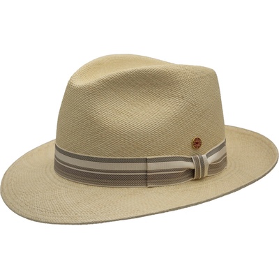 Luxusní klobouk Fedora s hnědo-béžovou stuhou ručně pletený UV faktor 80 Ekvádorská panama Mayser Albenga