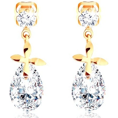 Šperky eshop zlaté náušnice kulatý čirý zirkonek lesklý květ a zirkonová kapka GG103.12