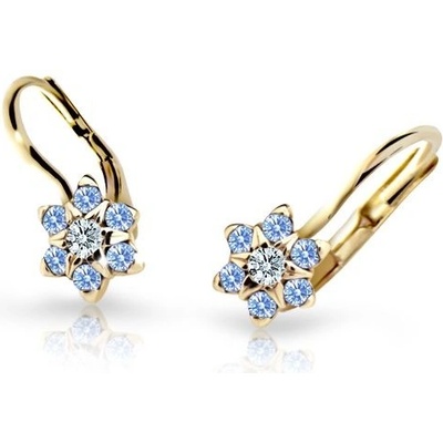Danfil dětské náušnice kytičky C2152 ze žlutého zlata s kamínky Arctic Blue zapínání klapka