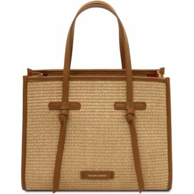 Tuscany Leather Taška na rameno so slameným efektom Frame Koňaková
