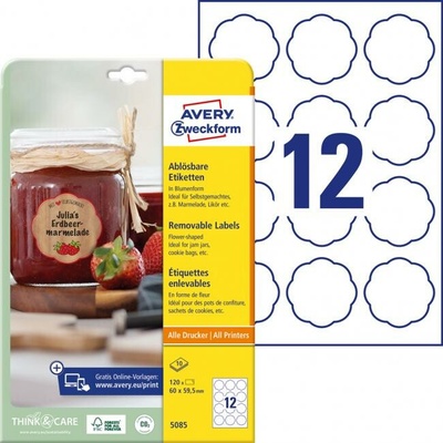 Etikety v tvare kvetu 60x59,5mm Avery 10 hárkov biele