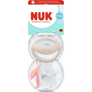 Nuk Perfect Match биберон залъгалка, силикон 0-6 мес. , 2 бр. Mommy Feel, бежова/розова + кутийка за съхранение и стерилизация в микровълнова (10175337)