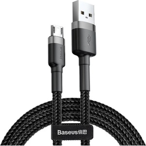 Baseus - Кабел за данни Cafule Series Metal (CAMKLF-BG1) - USB към Micro-USB, 2.4A, Бързо зареждане, Найлонова оплетка, Велкро, 1 м - Черен
