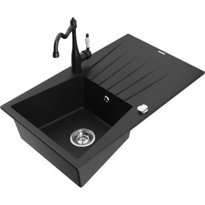 Mexen Cesar гранитна мивка с 1 отделение с отцедник и кухненски смесител Carla, черен - 6514-77-670700-70 (6514-77-670700-70)