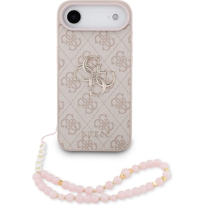 GUESS Дизайнерски кожен кейс с връзка за ръка за iPhone 17 Air - Guess PU 4G Metal Logo Strap Case (розов) (GUHCP17MP4GMGSP)