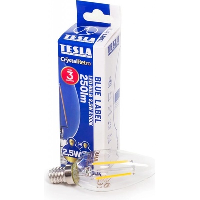 Tesla LED žiarovka FILAMENT RETRO svíčka/ E14/ 2,5W/ 230V/ 250lm/ 2700K/ teplá bílá/ čirá