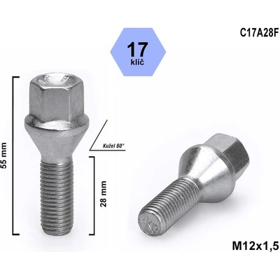 Kolový šroub M12x1,5x28, kužel, klíč 17, C17A28F, výška 55 mm | Zboží Auto