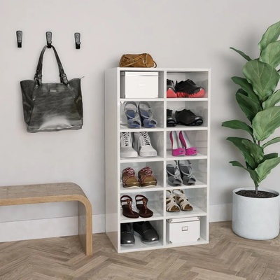 vidaXL Етажерка за обувки, бял гланц, 54x34x100, 5 см, инженерно дърво (800402)
