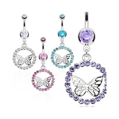 Šperky eshop piercing do bříška z chirurgické oceli zirkonová obroučka motýl stříbrné barvy SP43.19 aqua modrá Q