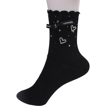 Черни дамски чорапи със сърца, камъчета и панделка