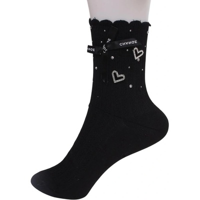 Черни дамски чорапи със сърца, камъчета и панделка