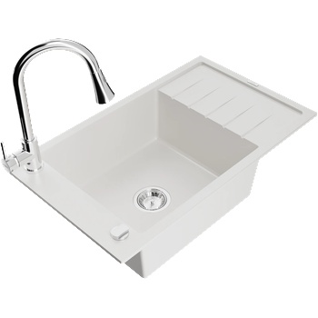 Mexen Elias гранитна мивка с 1 камера, отцедник и кухненски смесител Elia, бял - 6511-20-670101-00 (6511-20-670101-00)