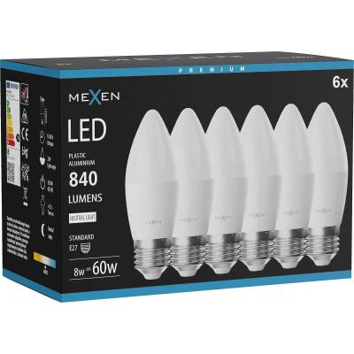 Mexen Nova 6x LED крушка E27, C37, 8W, неутрална - 4000K, 840 lm - L102-E27-0840-01x06 (L102-E27-0840-01x06)