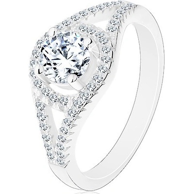 Šperky eshop Blýskavý zásnubní prsten stříbro 925 rozdvojená ramena kruh se zirkonem M02.19