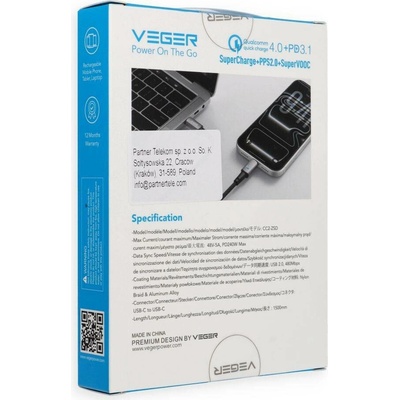 Veger CC2-ZSD s LED indikátorem nabíjení Type C na Type C PD 5A 240W 1,5m černý