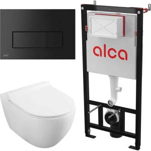 Alcadrain Комплект тоалетно казанче с вградена рамка Alca AM101/1120 и матово черен капак M578, плюс тоалетна чиния Fluminia Minerva с бял капак с плавно затваряне (AM101/1120+M578+2210R)
